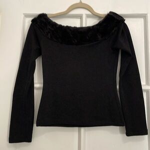 Vintage Stretchy Black Boat Neck Top with Faux Fur Trim